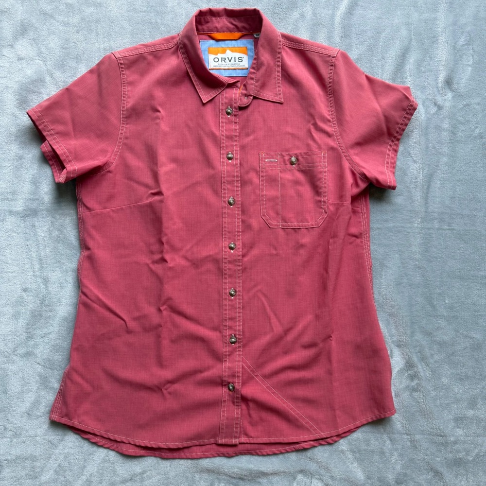 Orvis Button Down Mens M Pink Short Sleeve Outdoor Hiking Contrast Stitch Shirt